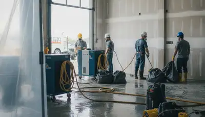 Commercial water damage restoration team in Torrance, CA inspecting flood damage and drying equipment