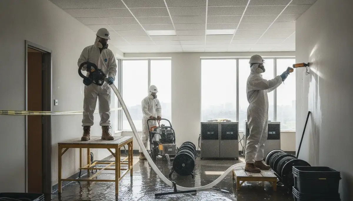 Commercial water damage restoration crew in Torrance, CA handling water extraction and drying equipment