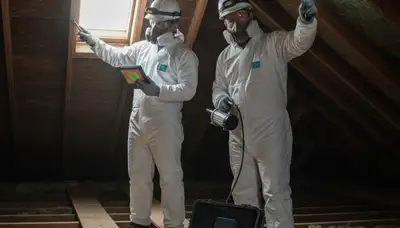 Mold inspection technician checking moisture damage in a Torrance, CA home