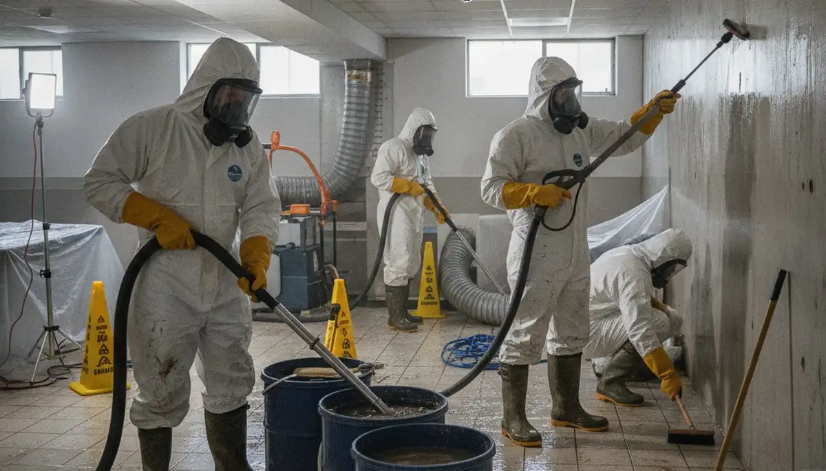 Torrance, CA water damage restoration team cleaning sewage damage in a home with sanitation equipment