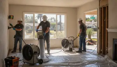 Water damage restoration team in Torrance, CA inspecting storm-damaged property for repairs