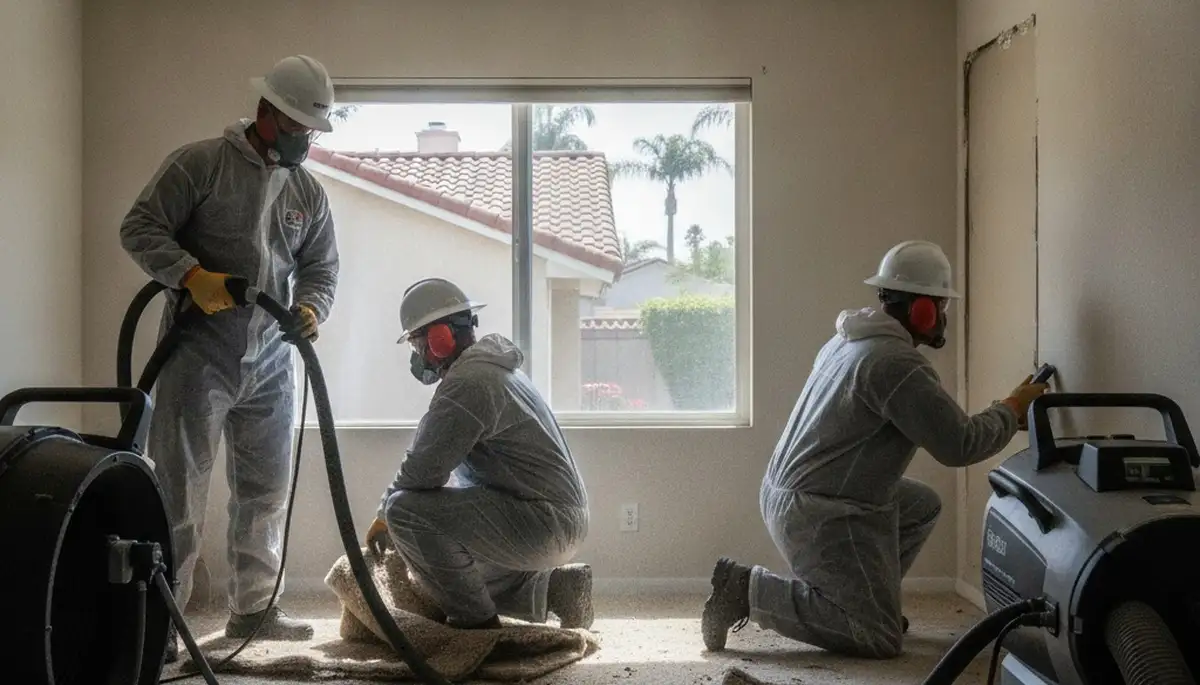 Water damage restoration team in Torrance, CA inspecting flood damage in a home