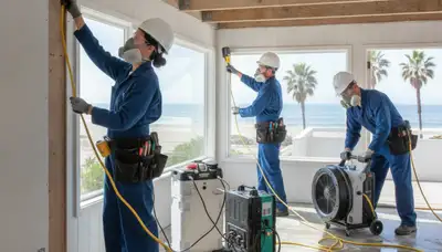 Water damage restoration team in Torrance, CA inspecting flood damage and drying equipment