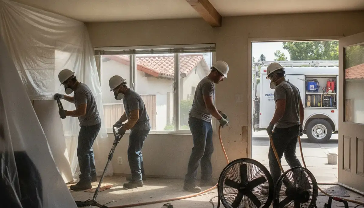 Water damage restoration crew in Torrance, CA inspecting and drying a flooded property