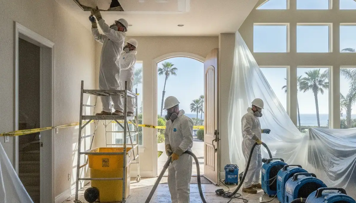 Water damage restoration team in Torrance, CA inspecting flood damage in a home