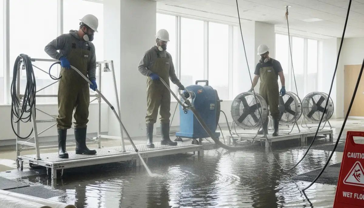 Water damage restoration team in Torrance, CA repairing a flooded home after pipe leak
