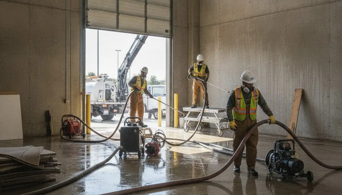 Water extraction technician removing standing water from a Torrance, CA home after water damage